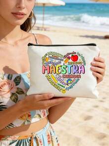 Maestra 教师化妆包，送给女教师的爱心礼物，苹果图案设计，心形印花化妆包，返校铅笔盒，洗漱包，旅行包，毕业生日礼物，教师用品收纳包，创意教师礼物，教师化妆包 - 彩色 - 查看 2
