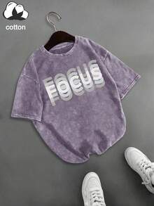 Camiseta casual de mujer con estampado de letras, cuello redondo, manga corta, casual, para primavera/otoño/verano, atuendos para mujer, tops para mujer - Morado claro - Ver 2