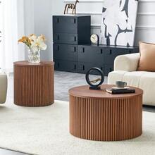 2-Piece Nesting Coffee Table Set, Roman Column Design MDF Round Tables With Built-In Storage, Walnut Grain Side Tables For Living Room Bedroom - 鏽棕色 - 查看 8