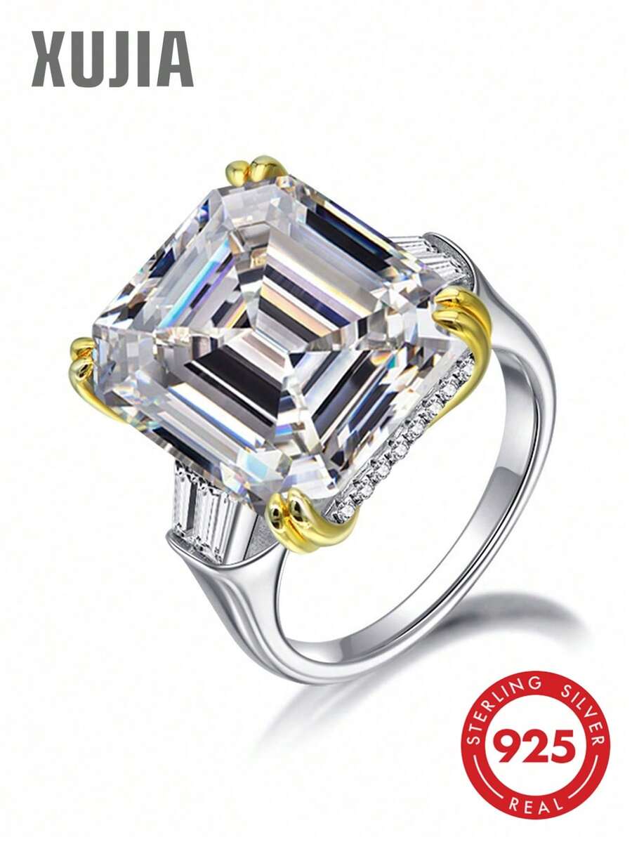 XUJIA 1 pieza Anillo de cóctel de plata de ley 925 para mujer, con incrustación de circonita cúbica de alta calidad, disponible en color blanco/rosa/amarillo, tamaño 14x16mm, aproximadamente 15 quilates, regalo perfecto para bodas y fiestas - AB-R5S-002 - Ver 1