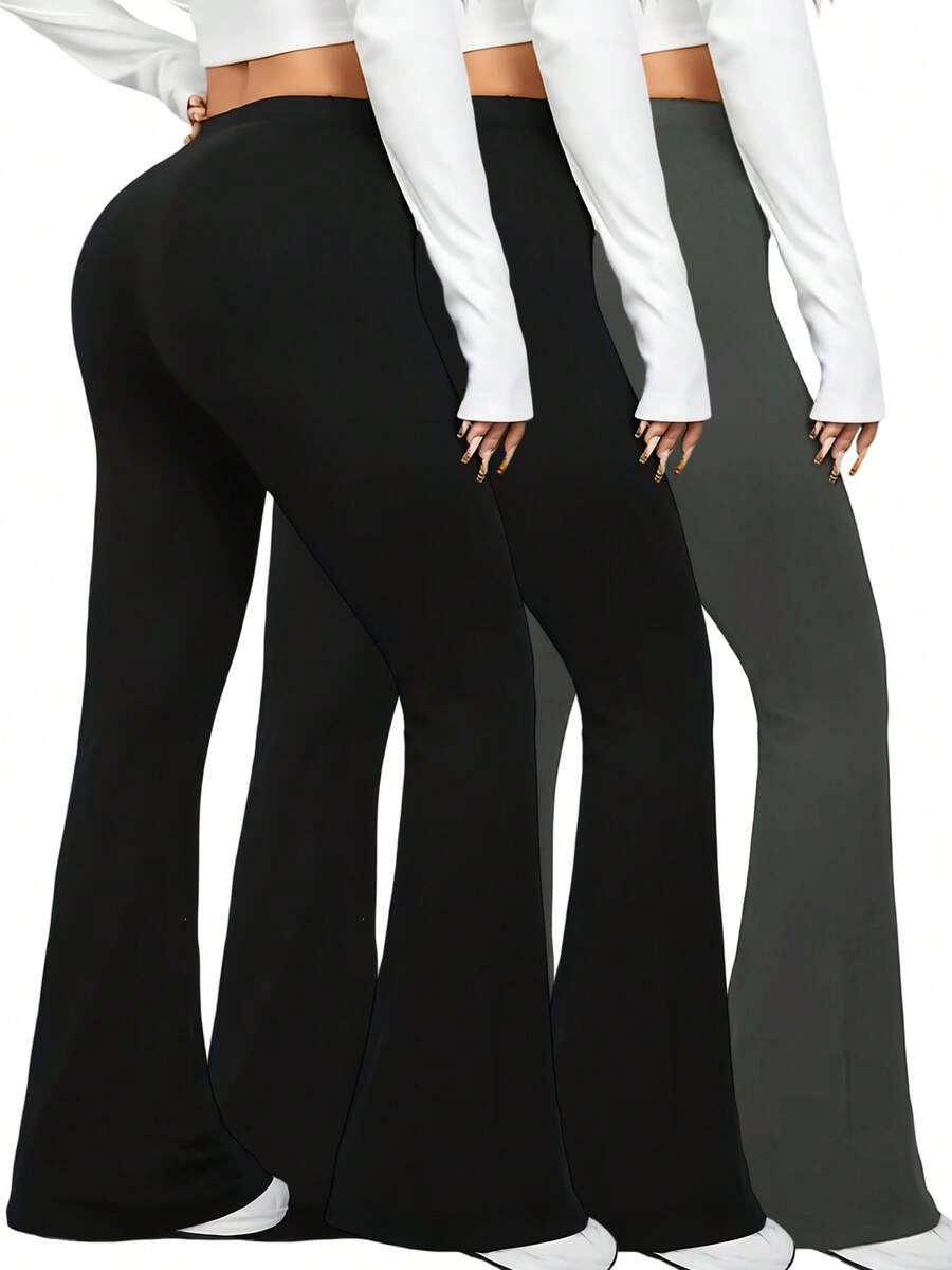 3-Pack Women's High Waisted Solid Black Gray Red Flared Leggings With Deep Side Pockets, Wide Leg Bell Bottom Yoga Pants For Gym, Running, Travel, Lounge, Everyday Casual Wear Sport Bottoms - 3PCS(Grey,Black,Black) - 查看 1