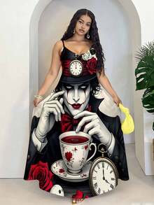 Alice In Wonderland Theme Dress With Clock And Roses Design For Women Casual Wear For Parties And Events Perfect For Halloween Costume Or Themed Parties Ideal For Fashion Lovers And Cosplay Enthusiasts Suitable For Leisure And Sports Activities - 白色 - 查看 4