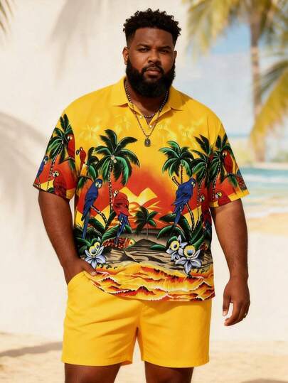 2pcs Plus Size Men's Tropical Parrot Sunset Print Short Sleeve Polo Shirt And Shorts Set, Suitable For Vacation, Outdoor, Streetwear, Daily Wear, Resort Style