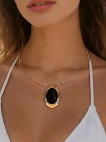 1 pieza Collar minimalista de moda con abertura dorada y colgante de gema ovalada negra, elegante para fiestas, reuniones, uso diario, citas, regalo - Negro - Ver 4