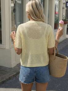 Damen Frühling/Sommer Neue Y2K Hellgelbe Strickjacke, locker, Cut Out, dünn, Rundhals, Kurzarm mit Knöpfen, lässiges Urlaubsoberteil - Hellgelb - Übersicht 7