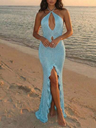 New Spring/Summer Elegant Blue Tie-Neck Spaghetti Strap Maxi Dress, Sexy Hollow V-Neck, Bodycon Backless Long Dress With Ruffle High Slit Hem, Bohemian Style, Suitable For Beach Vacation, Beach Party, Pool Party, Graduation Ceremony, Date Night, Holiday Outing