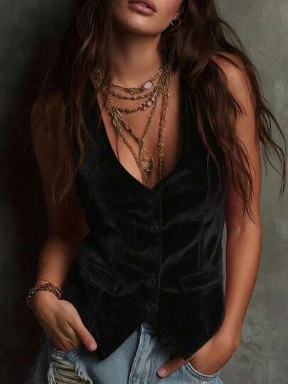 女士纯色丝绒腰带衬衫，丝绒V领无袖背心