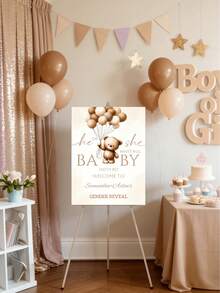 Personalized Gender Reveal Party Sign - Customized Baby Gender Reveal Canvas With Neutral Bohemian Teddy Bear And Balloon Pattern., Back To School - Multicolor - View 8
