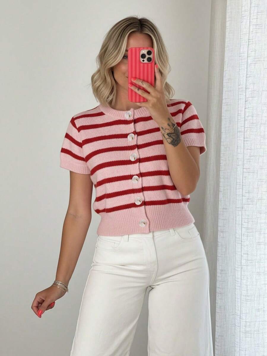 Novo Lançamento Primavera/Verão 2026 Casaco de Tricô Cardigan Listrado Doce, Estilo Casual - Rosa chiclete - Visão 1
