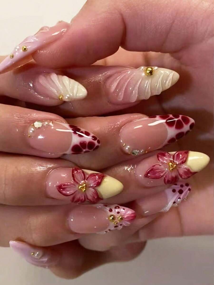 24片杏仁形百合贝壳美甲贴纸，3D立体樱花水晶假指甲，附赠指甲锉和凝胶，适合修长手指的柔和氛围美甲套装 - 彩色 - 查看 1