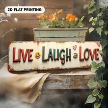 2D平面金屬牆面裝飾牌，印有「Live Laugh Love」字樣、心形與臉部圖案，復古農舍風，尺寸3.94X15.75英吋(10X40公分)，做舊白色與棕色邊緣，適合居家裝飾 - A - 查看 8