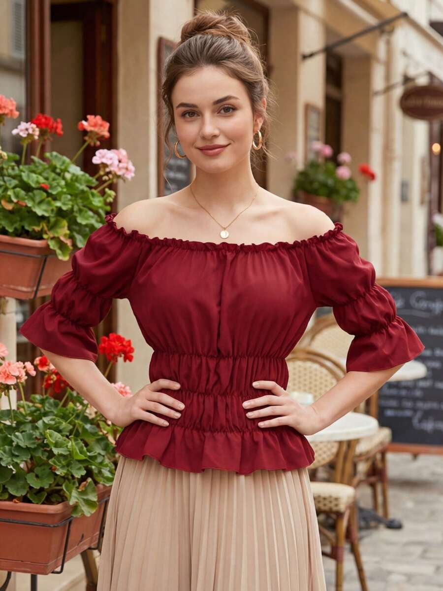 Women Off The Shoulder Tops Steampunk Pirate Shirt Renaissance Blouse Short Sleeve Shirts - 酒紅色 - 查看 1