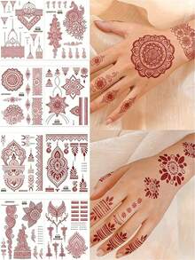 Henna Mandala Flower Lace Pattern Sexy Body Art Temporary Waterproof Tattoo Stickers, Suitable For Hands, Arms, Back For Festivals, Parties, Daily Wear - Brown - View 5