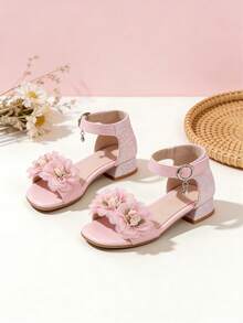 1 Pair New Spring/Summer Fashion Roman Flower Decor High Heel Sandals, Pearl Decor, Girls' High Heel Dance Shoes, Student Performance And Casual Sandals, Suitable For Party And Wedding - Pink - View 1