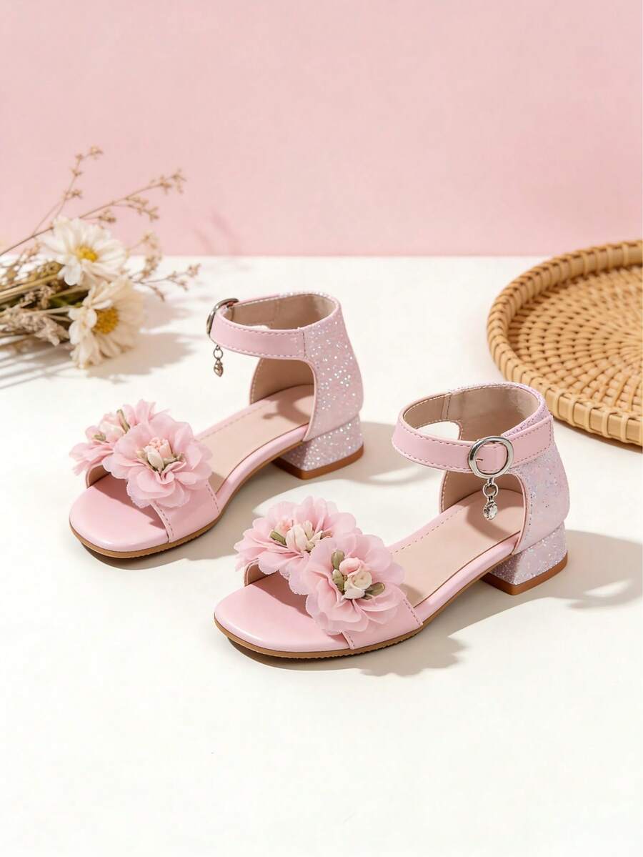 1 Pair New Spring/Summer Fashion Roman Flower Decor High Heel Sandals, Pearl Decor, Girls' High Heel Dance Shoes, Student Performance And Casual Sandals, Suitable For Party And Wedding - Pink - View 1