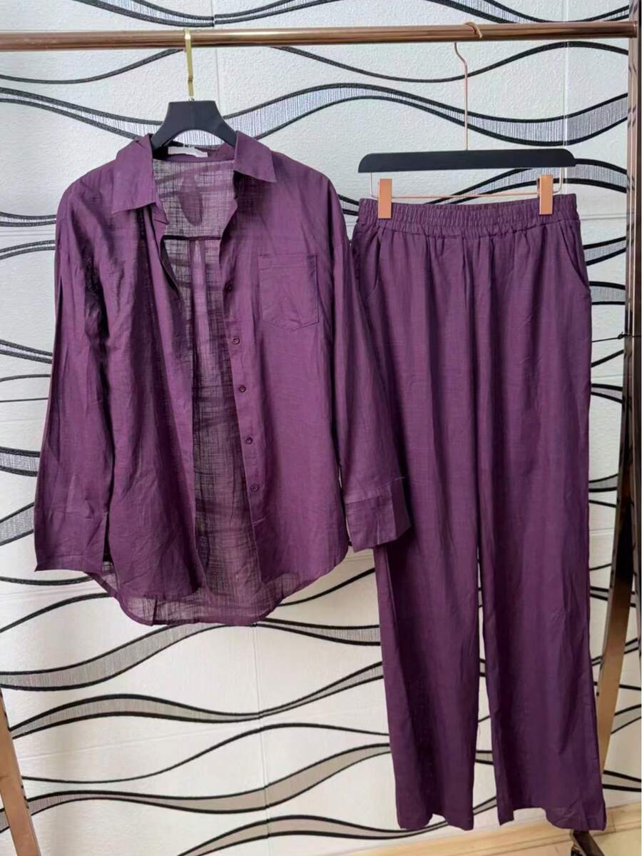Linen Shirt And Pants Set (2 Pieces), Lined With Elastic. - Purple - View 1