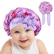 Customized Text Logo Baby Satin Sleep Cap/Bath Cap, Cute Cartoon Fruit Print, Children's Elastic Wide-Brim Round Hat, Soft & Stretchy Hair Protection, Suitable For Boys & Girls, Birthday & Daily Wear, Perfect For Sleeping, Hair Care, Bathing, Birthday Outfit, Photo Props, Home Wear - Multicolor - View 4