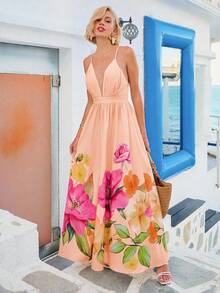 Women's Casual Vacation Dress, With Print And Backless Design, Elegant And Stylish, Halter Neck Style With A Full Skirt. - 香檳色 - 查看 6