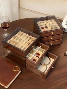 1pc 5/3/1 Tier Jewelry Box With Cover, Gold Drawers - European Brown Luxury Storage Box, Suitable For Necklaces, Bracelets, Earrings, Rings - Dust-Proof & Scratch-Resistant, Velvet Tray Set, Suitable For Home Use - Multicolor - View 3
