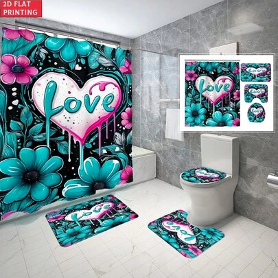 2D平面设计，单件装或四件套可选，采用2D平面心形花朵图案。包含12个挂钩、防水浴帘、防滑浴垫、U型马桶盖套、马桶座套、浴室装饰品和浴室隔断。可机洗。营造柔软舒适的浴室氛围。时尚实用的家居装饰礼品。必备家居用品。