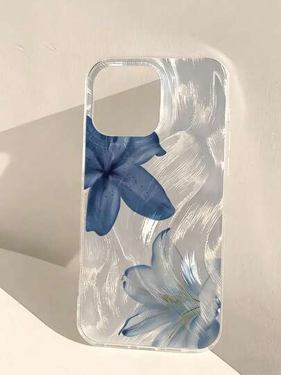 1件羽毛纱线双蓝白百合花个性化图案全包覆TPU防摔手机壳，适用于17Promax/16Promax/15promax/17Pro/17/16 15 14 13 12 11promax