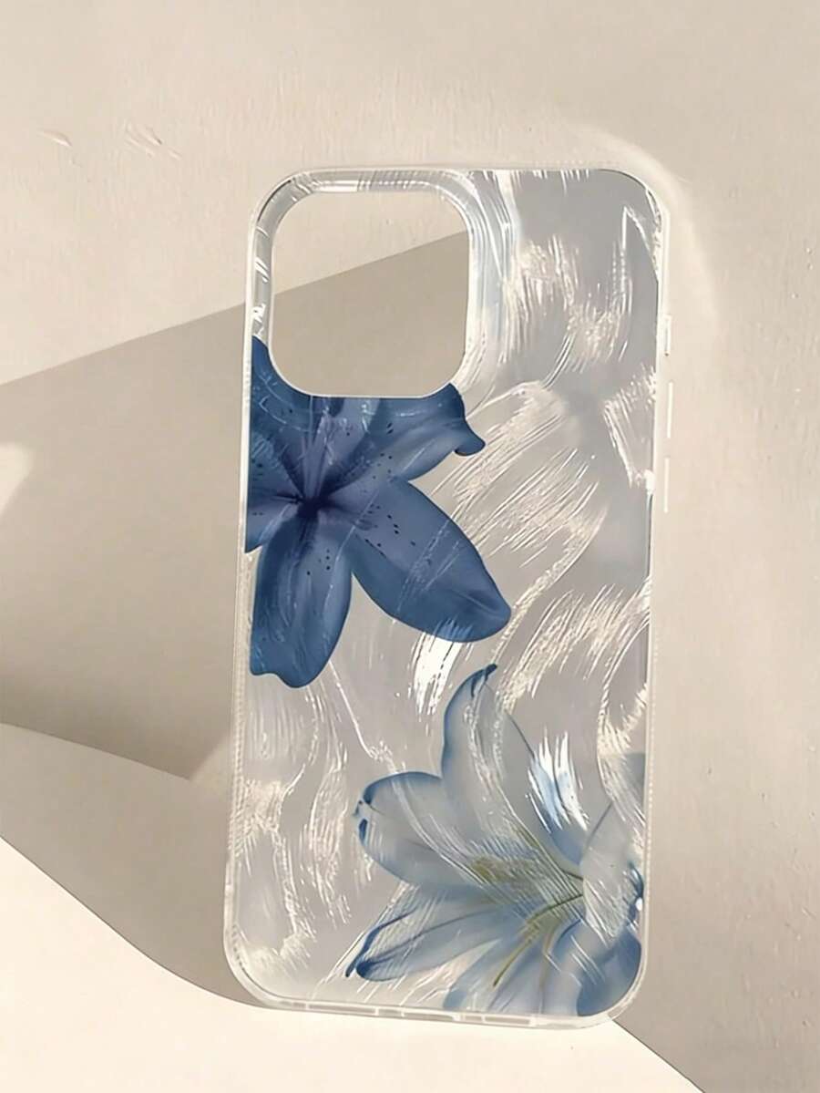 1件羽毛纱线双蓝白百合花个性化图案全包覆TPU防摔手机壳，适用于17Promax/16Promax/15promax/17Pro/17/16 15 14 13 12 11promax - 彩色 - 查看 1