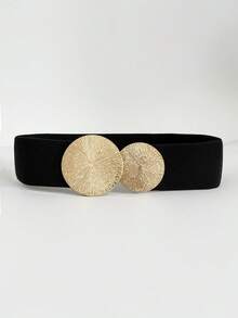 1 件米色弹性编织腰带，配圆形金属扣，适合连衣裙、裙子、衬衫，适合日常穿着、约会、派对、旅行、夏季、秋季、万圣节 - 杏色 - 查看 2