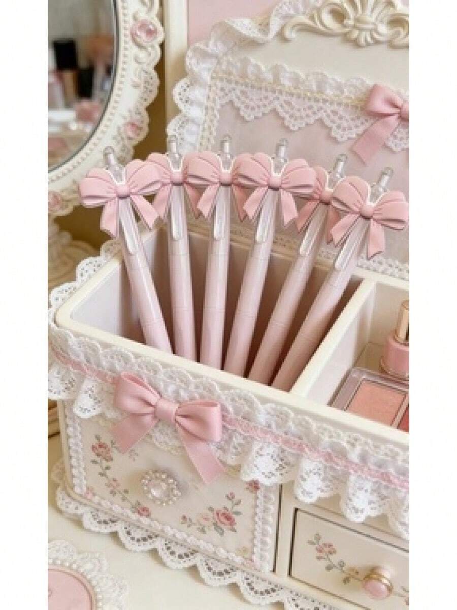 Aesthetic Kawaii Pink Bow Pens Cute Retractable Ballpoint Pen Set For Girls Soft Grip Smooth Writing School Office Supplies Coquette Desk Accessories Party Favor Gift - 1 - Xem 1
