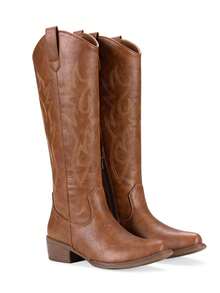 Comfyshoes Women's Embroided Cowboy Boots, Square Toe Knee High Western Boots - màu nâu - Xem 5