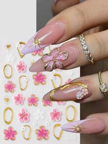 2 pièces Autocollants d'art pour ongles 5D gaufrés et dorés avec motif de fleurs de cerisier de style français. Fleurs tropicales et pétales pour la décoration des ongles et la manucure - Multicolore - Voir 6