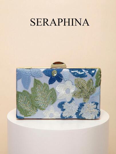 1个亮面刺绣花卉晚宴手拿包（独特图案），优雅精致时尚女士手提包，配金属链条，适合派对、婚礼、舞会、万圣节等场合，彩色斜挎包，正式场合的完美配饰