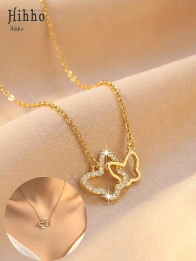 Hihho 1pc Double Butterfly Clasp Zirconia Clavicle Chain, Lightweight And Dynamic Butterfly Design, Hollow Out Structure For Elegant Minimalist Look, Suitable For Daily, Work, And Dates, Versatile And Flattering