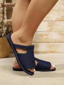 Women's Solid Color Sandals, Casual Open Toe Flat Summer Shoes, Lightweight Slip-On Sandals - Blue - View 5