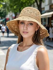 Chapeau de soleil en polyester pour femmes, respirant, pliable, à large bord, chapeau de plage offrant une protection, grand visière, lavable à la main, élégant chapeau de soleil de voyage pour les dames, pour l'extérieur, les vacances, les festivals - Multicolore - Voir 12