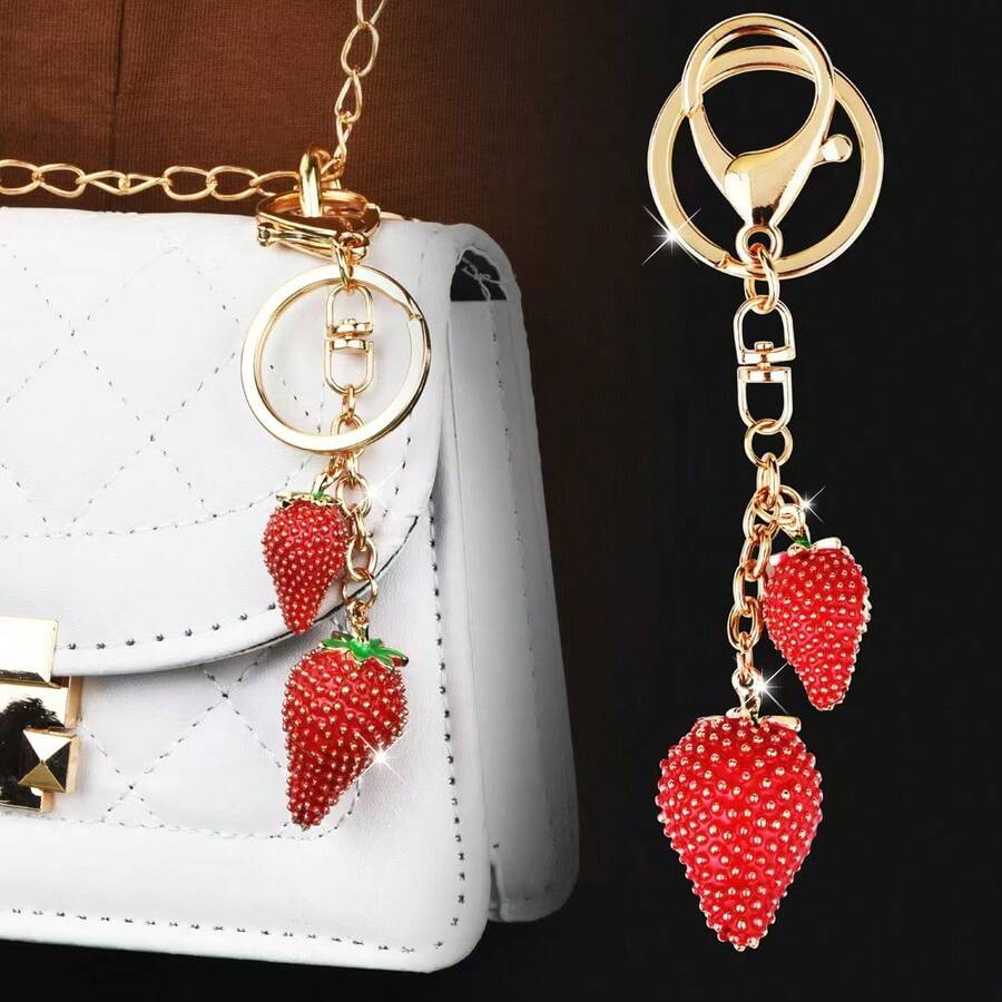 1pc Rhinestone Strawberry Keychain, Cute Bag Charm, Delicate Car Key Chain, Birthday Gift - Red - View 1