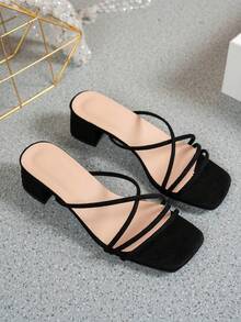 女士黑色高跟凉鞋，优雅夏季仿麂皮露趾粗跟绑带凉鞋 - 黑色 - 查看 4