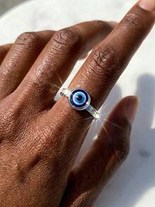 1pc Evil Eye Ring For Women, Gold & Silver Color Sizes 5-10, Blue Evil Eye Charm Ring With Clear Crystal Accents, Lucky Protective Amulet Minimalist Everyday Jewelry - 銀色 - 查看 11