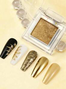 1 Set Manicure Solid Color Magnetic Mirror Powder,Gold Rainbow Metallic Mirror Effect Pearlescent Mermaid Powder Pearl Glitter Set,Comes With 1 Brush Applicator, Suitable For Nail Salon Or DIY At Home Nails - Gold - View 3