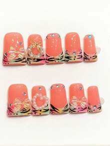 Short Duck Beak Nails Orange Pink Holographic Tiger Pattern With Bow-Fake Nails 10 Pieces - Watermelon Pink - View 4