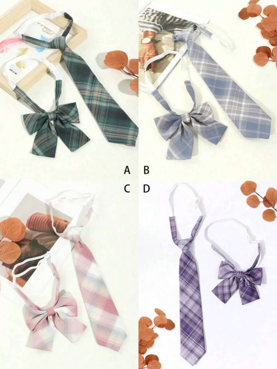 2PCS Women's Fashion Plaid Stripe JK School Style Tie Bow Tie Set Suitable For Dating School Daily Matching,Festival,Travel - Multicolor - View 1