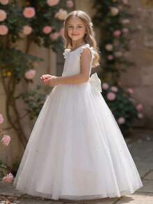 Tween Girls 高端盖袖露背珍珠可拆卸蝴蝶结薄纱公主裙，适合青少年伴娘舞会派对婚礼 - 白色 - 查看 2