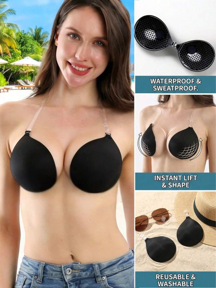 1pc (With Strap) Invisible Silicone Breast Petals, Cleavage Enhancing Bra Lift Adhesive Bra/Backless Bra Tape For Women - Multicolor - View 1