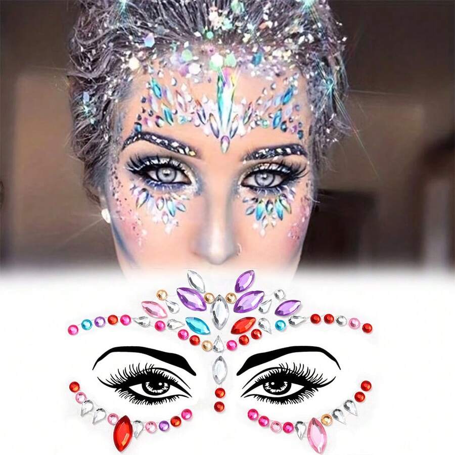 5pcs Sparkling Rhinestone Eye Stickers - Glowing Makeup Face Gem Stickers, Shiny Artificial Diamond Face Decor Suitable For Festivals, Cosplay, Parties And Photos, Multi-Season Makeup Accessories, Decorative Face Stickers - Multicolor - View 1
