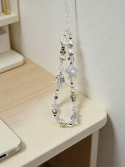 1pc Luxury Iridescent Star & Pearl Beaded Phone Lanyard, Elegant Anti-Lost Wrist Strap (Actual Size May Slightly Differ From Photo Due To Shooting Angle And Magnification)