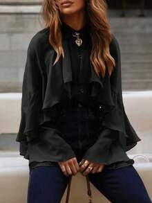 Áo kiểu nữ thanh lịch, viền bèo nhún, chất liệu chiffon, dáng rộng, thích hợp mặc hàng ngày, hẹn hò, đi làm, đi nghỉ mát, màu đen. - màu đen - Xem 1