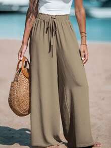 2 Piece Black Khaki Wide Leg Pants Set Women High Waist Elastic Drawstring Summer 2026 - 黑色+卡其色 - 查看 3