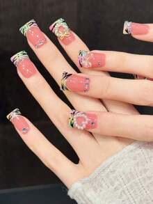 Short Duck Beak Nails Orange Pink Holographic Tiger Pattern With Bow-Fake Nails 10 Pieces - Watermelon Pink - View 2