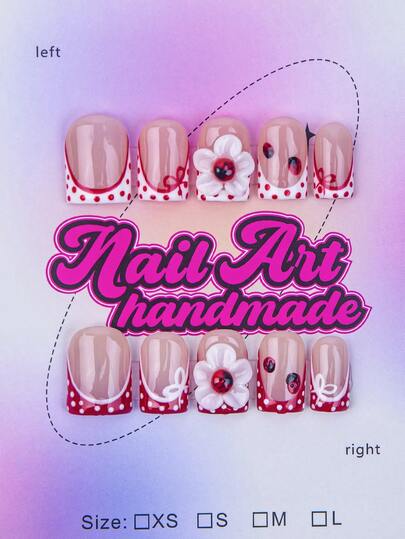 10片装Y2K风格方形美甲贴片套装 - 手工制作，粉色美甲，白色法式美甲，手工3D蓝莓美甲，手绘蓝色蕾丝、蓝色波点和绿色叶子图案，可爱蓝莓美甲，精致优雅美甲 - 适合女性和女孩，派对、婚礼、日常佩戴、DIY美甲，美甲套装