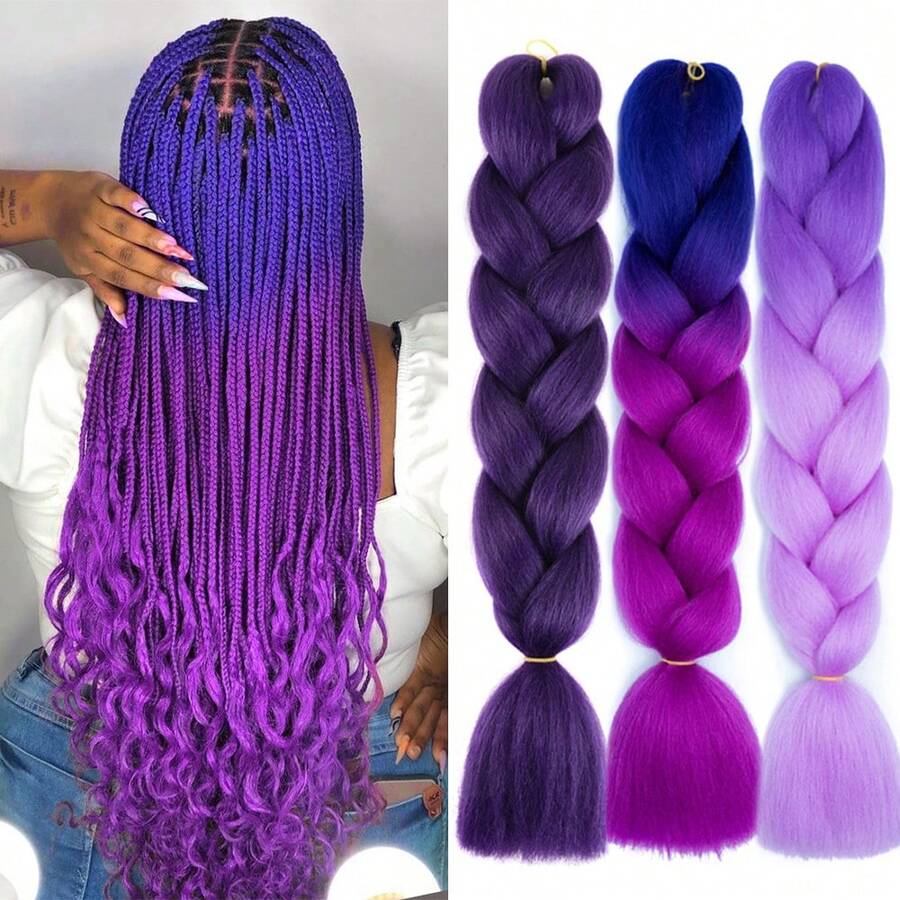 Extensions de cheveux tressés en fibre synthétique dégradé violet. Fibres résistantes à haute température pour tresses sénégalaises, tresses boîtes, queue de cheval tressée, pour une utilisation quotidienne - Multicolore - Voir 1