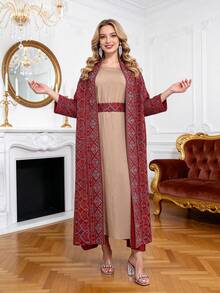 Vestido elegante bordado colorido tradicional para festivais, modelo 2026, JALABIA, com frente aberta e sem mangas, roupa com toque de sofisticação. - Vermelho - Ver 5